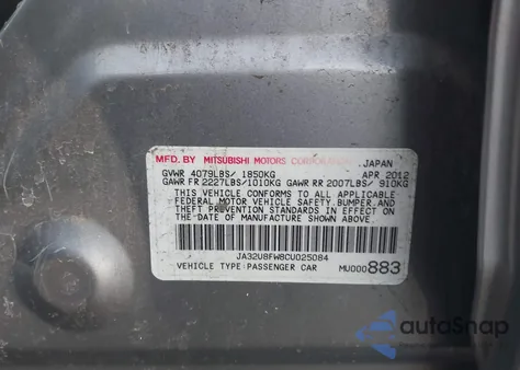 2012 Mitsubishi Lancer Gt из США, поврежденный, VIN JA32U8FW8CU025084